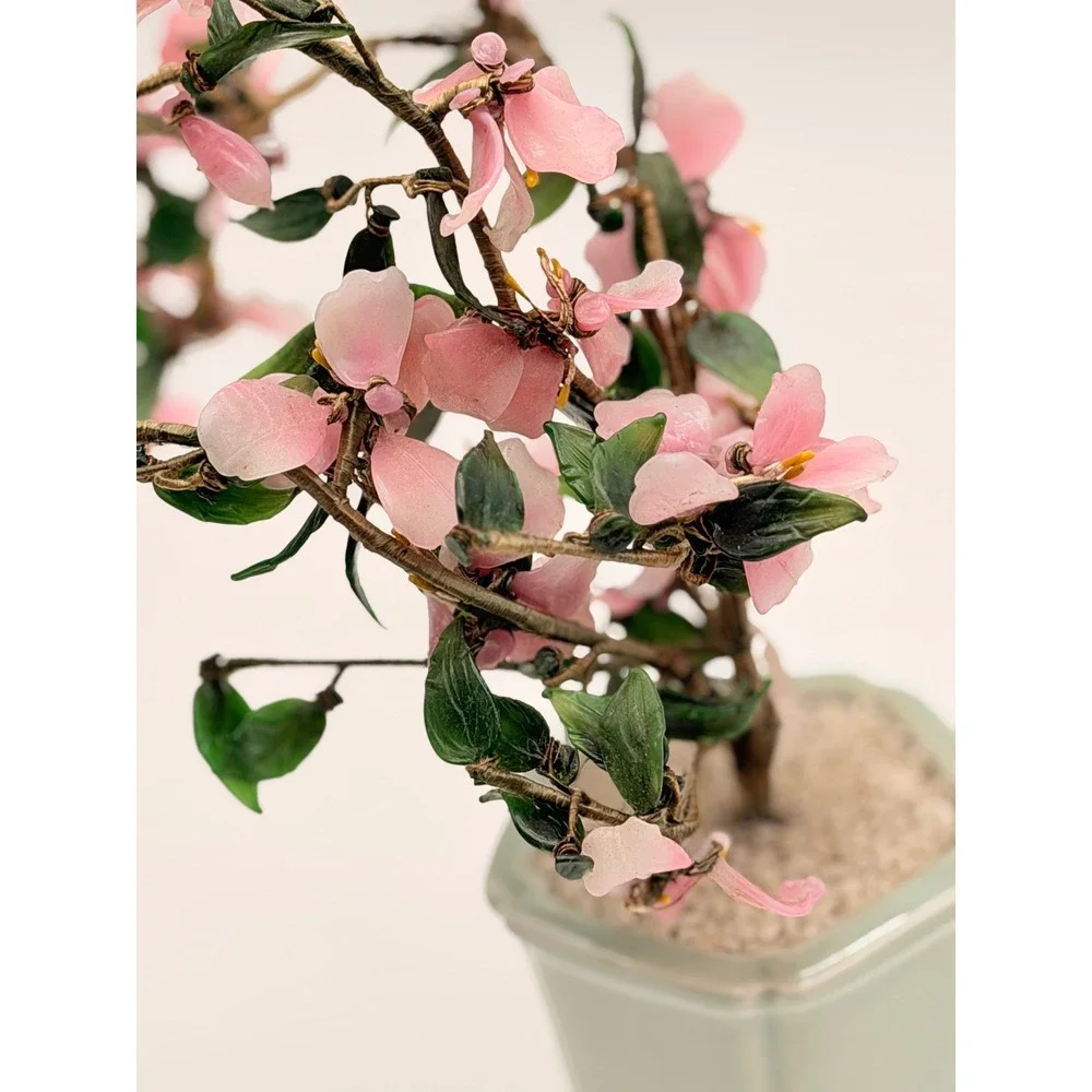 Vintage Glass Cherry Blossom Bonsai Tree Celadon Ceramic Pot Pink Green Asian